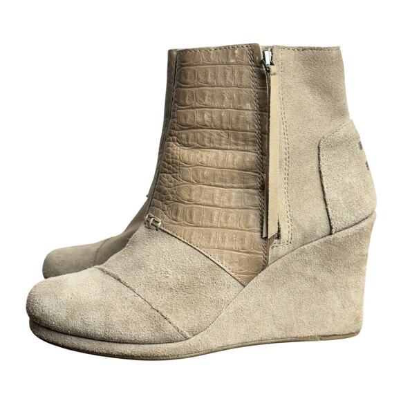 Women's Toms Desert Wedge Taupe Suede Leather Bootie Heels - Picture 1 of 12